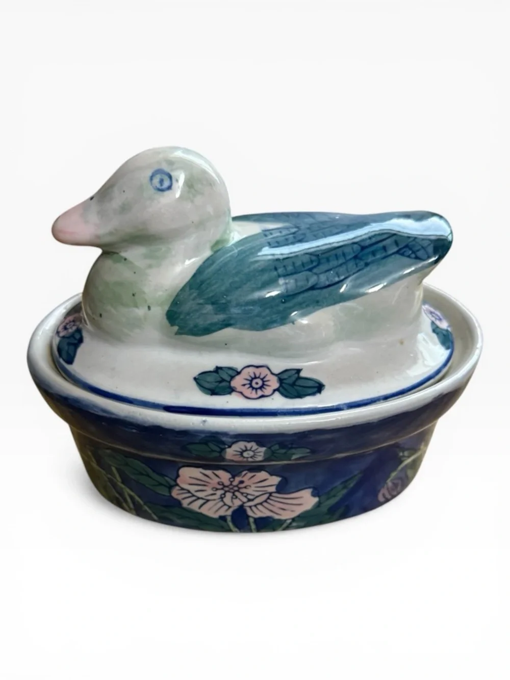 Vintage Ben Rickert Ceramic Oval Floral Nesting Duck Lidded Dish Trinket